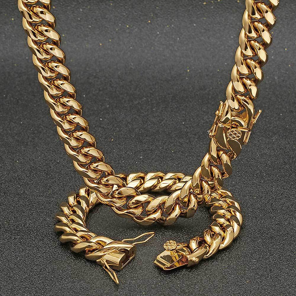 10mm 14k Gold & White Gold Miami Cuban Link Chain&Bracelet