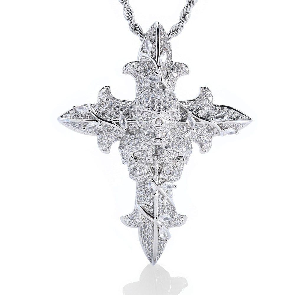 Diamond Skull Thorn Cross Pendant