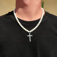 Pearl Beaded With Diamond Cross Pendant - CRAZY DIAMOND DRIP