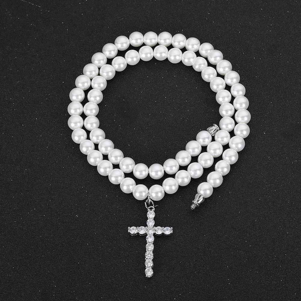 Pearl Beaded With Diamond Cross Pendant - CRAZY DIAMOND DRIP