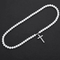 Pearl Beaded With Diamond Cross Pendant - CRAZY DIAMOND DRIP